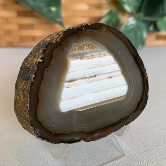 Thick Agate Geode Slab Slice Natural Crystal Gold Druzy Brazilian W Free Stand - Picture 2 of 10